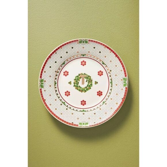 Anthropologie Festive Bistro Tile Dessert Plate Wreath Red NEW x 3 plates - Picture 1 of 3